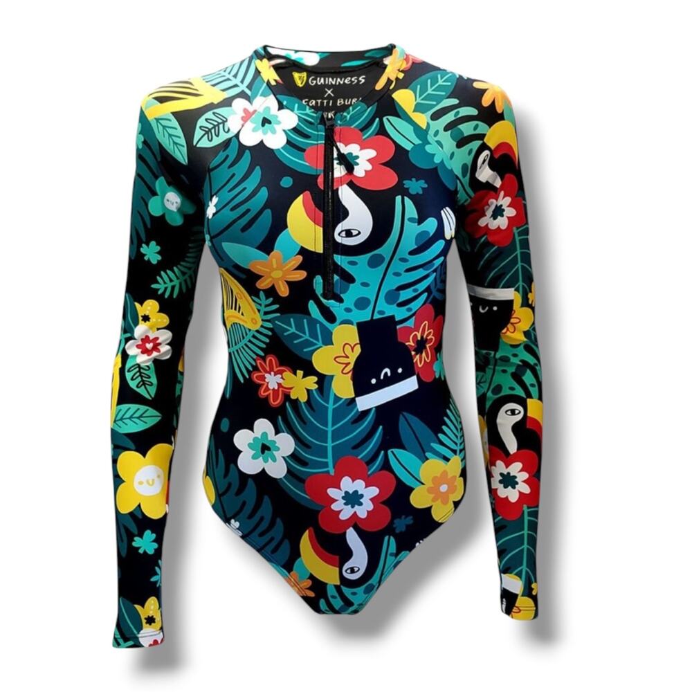 Guinness X Fatti Burke Tropical Bodysuit Zip One Piece Swimsuit Ireland Floral